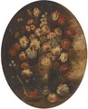 Roses, tulips and other mixed flowers in a chinese vase with a bird - (follower of) Nuzzi, Mario