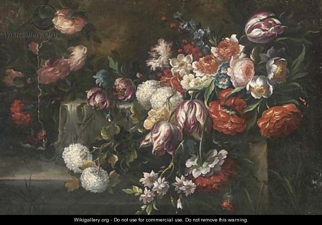 Roses, parrot tulips, morning glory and other flowers on a ledge - (follower of) Nuzzi, Mario