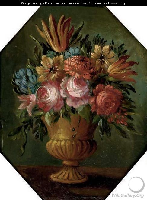 Parrot tulips, roses, chrysanthemums and other mixed flowers in an urn - (follower of) Nuzzi, Mario