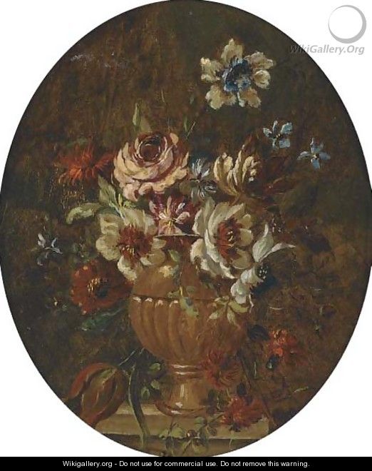 Mixed flowers in a vase on a stone ledge; and Mixed flowers in a vase on a stone ledge - (follower of) Nuzzi, Mario