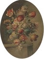 Parrot tulips, roses, chrysanthemums and other flowers in a vase on a stone ledge - (follower of) Nuzzi, Mario