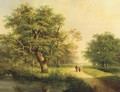 Travellers passing a stream in a wooded landscape - Johannes Hermanus Koekkoek Snr