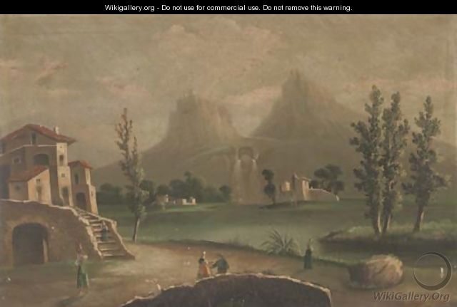 Figures in a continental landscape, with hills beyond - (after) Marco Ricci