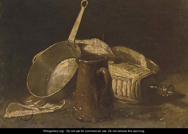 A jug, a saucepan and a glass bottle on a partly draped table - Luis Eugenio Melendez