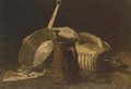 A jug, a saucepan and a glass bottle on a partly draped table - Luis Eugenio Melendez