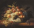 Plums, grapes, and peaches in a blue and white bowl on a table - (after) Louise Moillon
