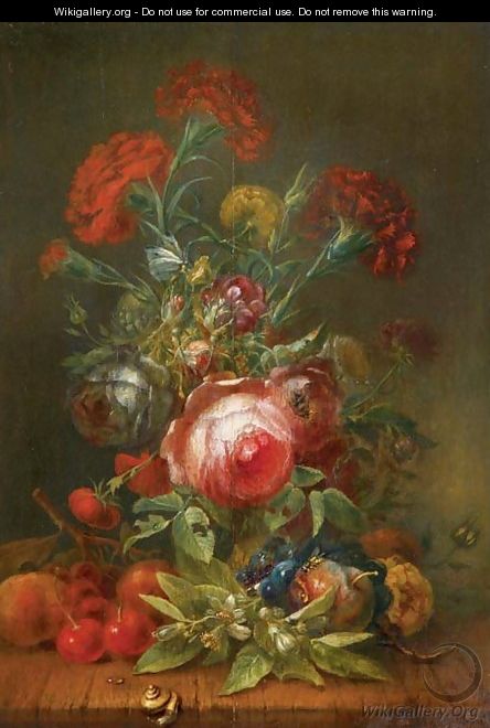 Roses, carnations, poppies and other flowers in a vase, with cherries, grapes and peaches on a wooden ledge - (after) Rachel Ruysch