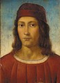Portrait of a young man, bust-length, in a red tunic and pillbox hat - Pietro Vannucci Perugino