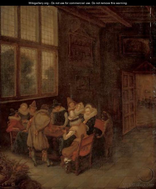 Elegant company conversing at a table in an interior - (after) Pieter De Hooch