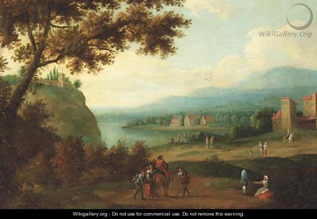 Travellers on a path, a riverlandscape in the distance - (after) Adriaen Frans Boudewijns