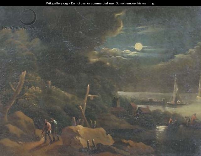 A coastal landscape by moonlight with travellers on a path and figures in a rowing boat - (after) Pieter Bout