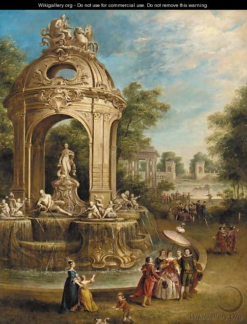 Elegant company by a baroque fountain in an Italianate garden, an ornamental lake beyond - Pierre-Antoine Patel