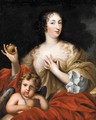 Portrait of a lady as Venus, three-quarter-length, seated, in a white dress with a red mantle, holding a golden apple, with Cupid beside her - Pierre Mignard