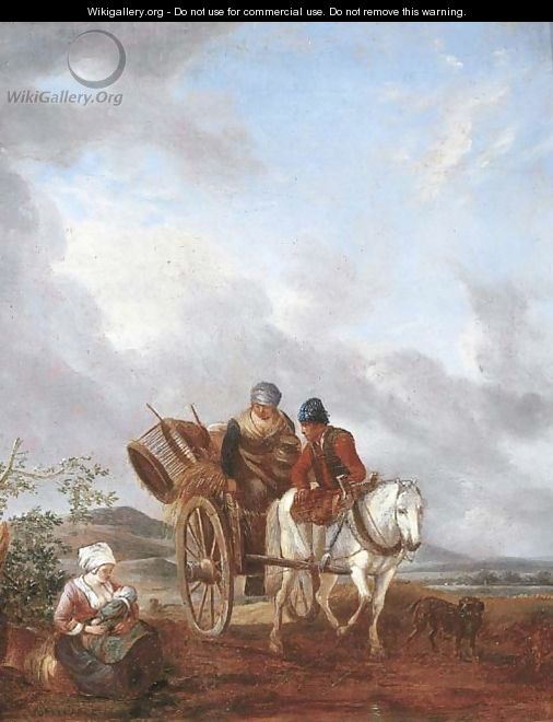 A landscape with travellers in a pony trap, a mother feeding her baby nearby - (after) Philips Wouwerman