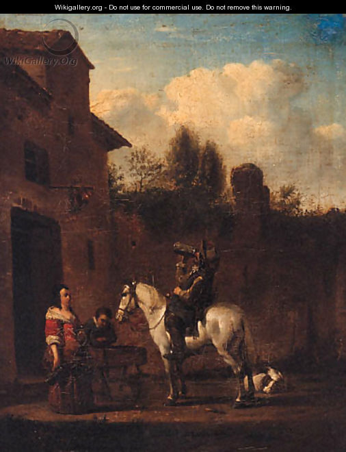 A Horseman taking refreshment in a Courtyard - (after) Philips Wouwerman