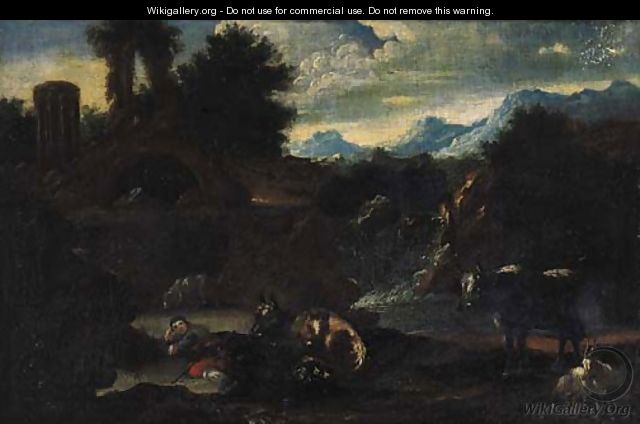 A shepherd resting in an Italianate landscape - (after) Philipp Peter Roos