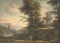 A wooded river landscape with an amorous couple on a track, classical buildings beyond - (after) Peter Tillemans