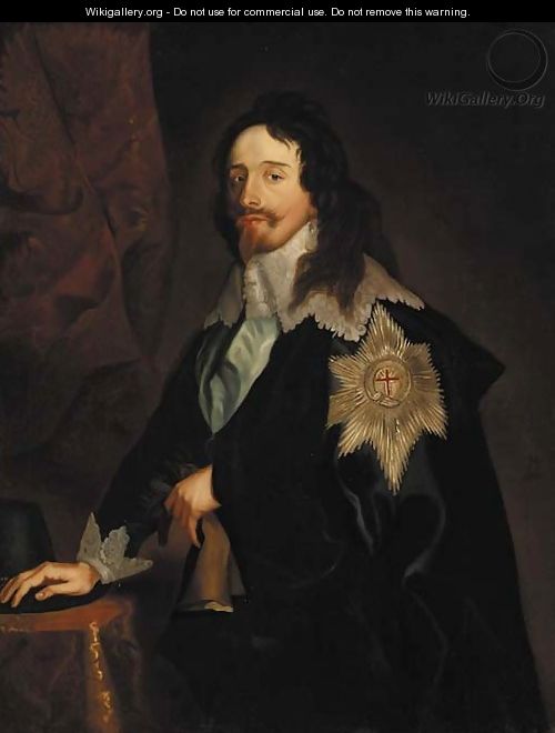 Portrait of King Charles I, three-quarter-length, in a dark blue coat with lace collar and cuffs, wearing the Order of the Garter - (after) Dyck, Sir Anthony van
