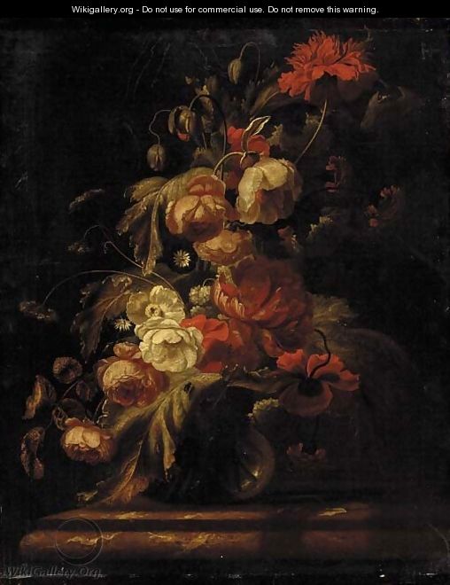 Roses, carnations, peonies, morning glories and other flowers in a vase on a marble tabletop - (after) Simon Pietersz. Verelst
