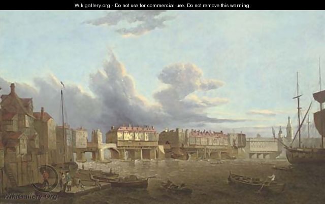 An extensive view of old London Bridge from the East, with the church of St. Magnus and the Monument beyond - (after) Samuel Scott