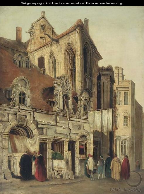 Figures conversing before a gothic church - (after) Richard Parkes Bonington