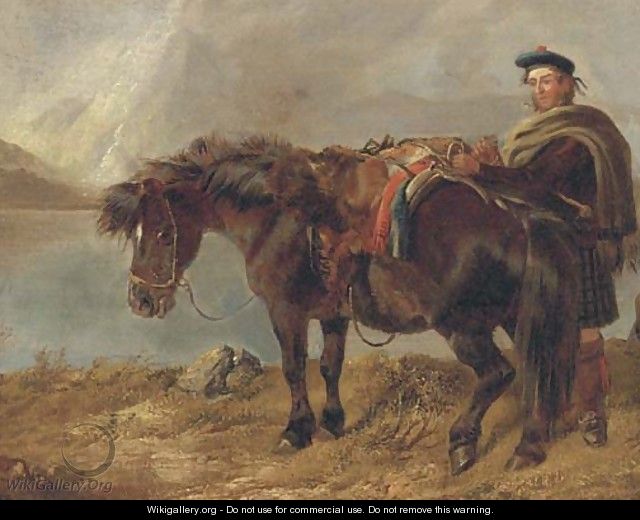 A gillie with a pony by a loch - (after) Richard Ansdell