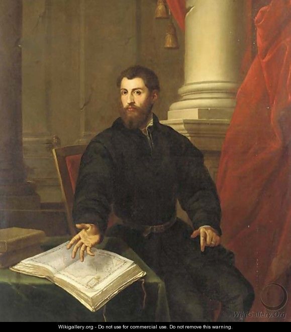 Portrait of a gentleman, three-quarter-length, in a black coat, seated at a table with an open atlas - Tiziano Vecellio (Titian)