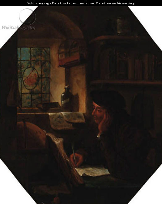 A scholar writing at a table by a window - (after) Thomas Wyck