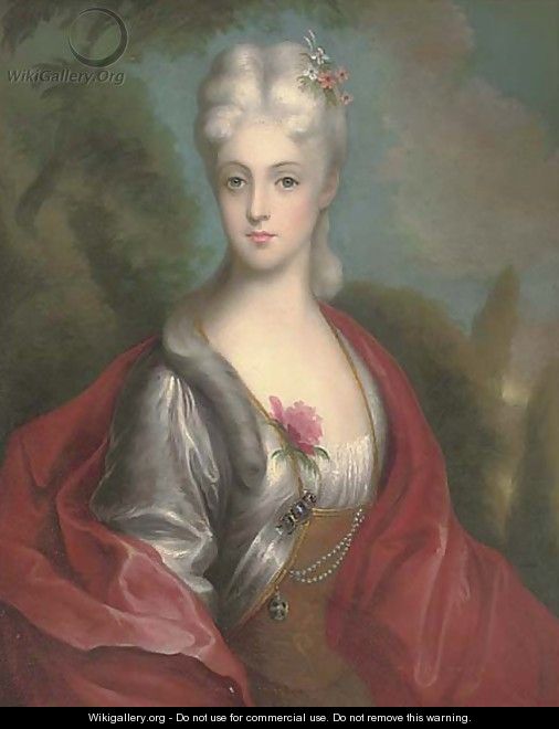 Portrait of a lady, half-length, in a red wrap, a landscape beyond - (after) Gainsborough, Thomas