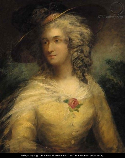 Portrait of a lady, bust-length, in a yellow dress and straw hat - (after) Gainsborough, Thomas