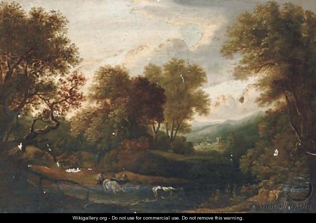 A herder watering his cattle, a hamlet beyond - (after) Gainsborough, Thomas