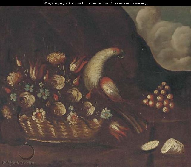 A basket of flowers and a parrot - (after) The Pseudo-Guardi