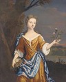 Portrait of a lady, three-quarter-length, in an orange dress and blue wrap, holding a sprig of flowers in her left hand - Sir Godfrey Kneller