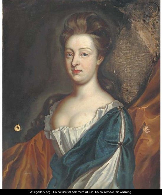 Portrait of a lady, half-length, wearing a blue and white dress with a gold wrap - Sir Godfrey Kneller