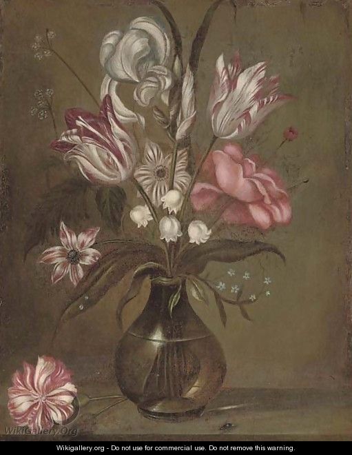 Parrot tulips, a rose, irises and other flowers in a glass vase on a stone ledge - Jacob Marrel