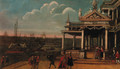 Figures by a loggia on a quay, shipping at anchor beyond - Jacobus Saeys