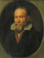 Portrait of a bearded gentleman, half length, wearing a red-lined black jacket and lace chemise, in a feigned stone oval window - Jacques de Gheyn