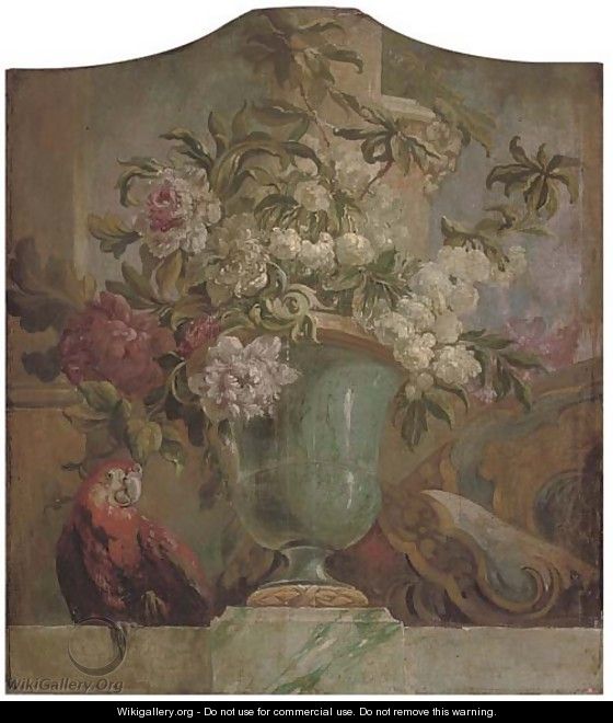 Flowers in an urn with a parrot on a ledge an overdoor - (after) Jacob Bogdani