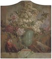 Flowers in an urn with a parrot on a ledge an overdoor - (after) Jacob Bogdani