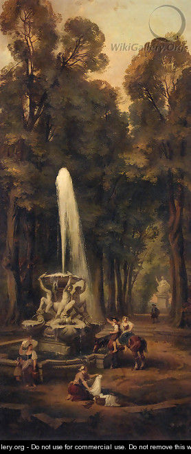 Washerwomen by a fountain in a garden - (after) Hubert Robert