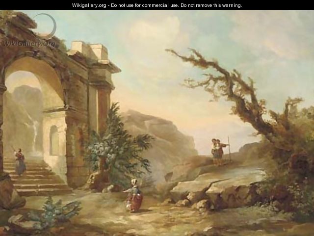 A rocky mountain landscape with figures near a classical arch - (after) Hubert Robert