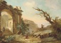 A rocky mountain landscape with figures near a classical arch - (after) Hubert Robert