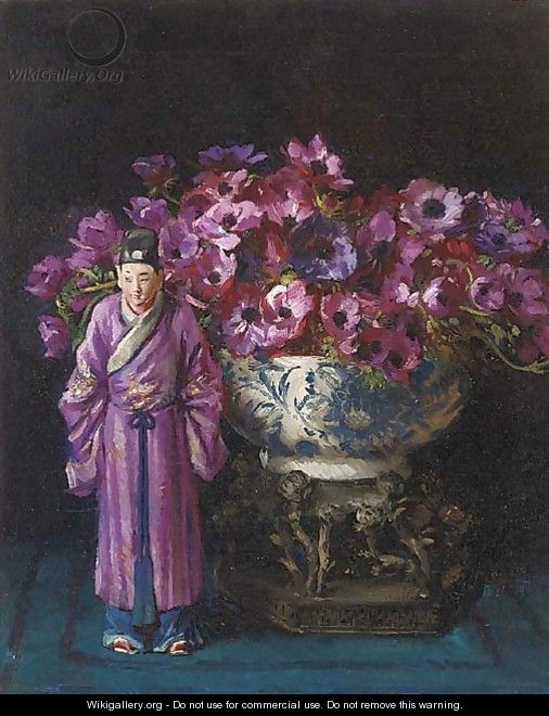 An Oriental figurine before a vase of anemones - David the Elder Richter