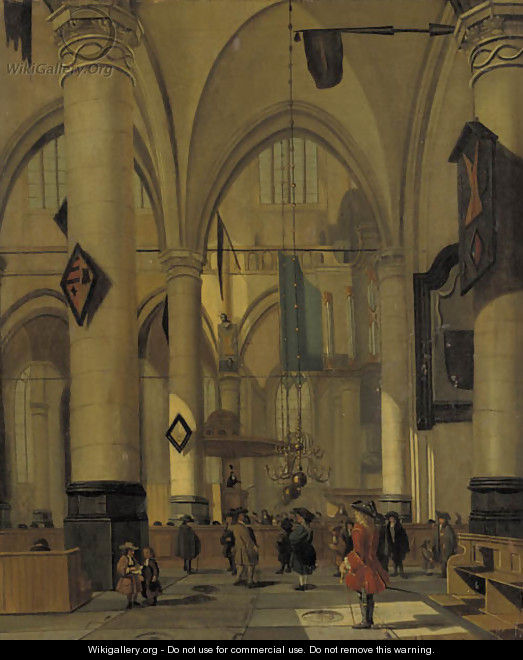 A view in a Gothic Church with elegant townsfolk - (after) Hendrick Van Vliet