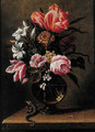 Tulips, roses, carnations and other flowers in a glass vase - (after) Hans Bolongier