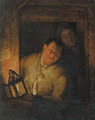 Boors at a window by candlelight - (after) Godfried Schalcken