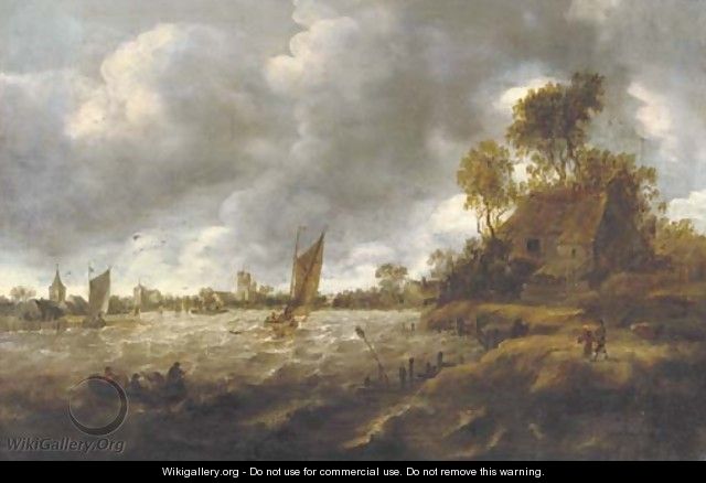 A river landscape with sailing vessels in rough waters, a village beyond - (after) Jan Van Goyen
