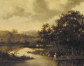 A wooded river landscape with cattle and peasants - (after) Jan De Lagoor