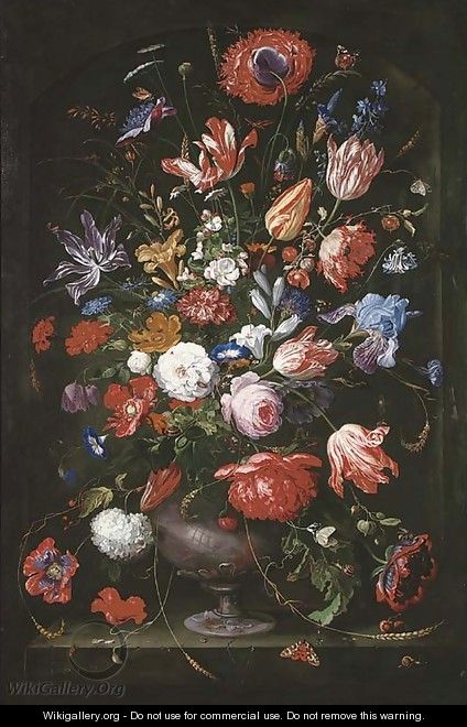Roses, tulips, marigolds, a geranium and other flowers in a sculpted vase with butterflies, caterpillars, a ladybird, a bee, a snail - (after) Jan Davidsz. De Heem