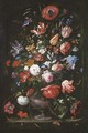 Roses, tulips, marigolds, a geranium and other flowers in a sculpted vase with butterflies, caterpillars, a ladybird, a bee, a snail - (after) Jan Davidsz. De Heem